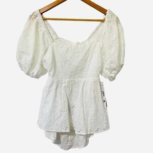 AQUA Babydoll Eyelet Top Women's Sz M White Square Neck Short‎ Puff Sleeve